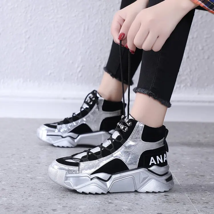 Модные блестящие кроссовки с высоким берцем женская повседневная обувь Сезон
