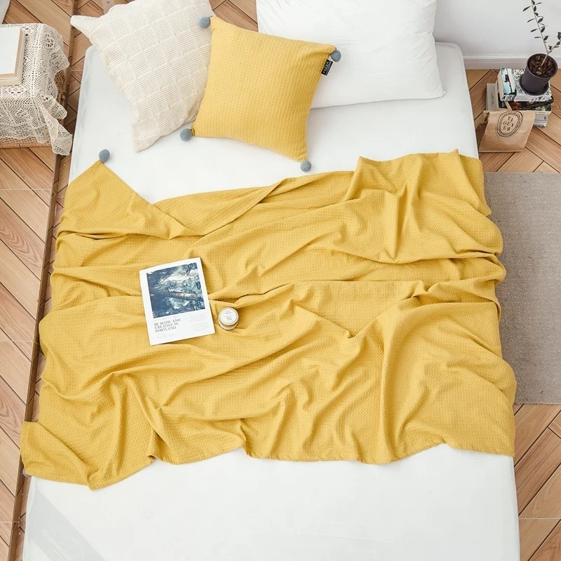 

Solid Color Waffle Towel Blanket Portable Home Travel Cover Blanket with 4 Decor Balls Car Office Nap Shawl Blanket