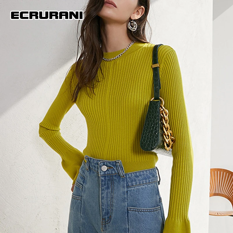

ECRURANI Green Casual Knitted Sweaters For Females Round Neck Long Sleeve Solid Minimalist Slimming Women's Pullovers 2021 Style