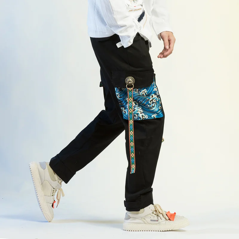 

Chinese Style Retro Wave Print Ins Casual Pants Ethnic Ancient Couple Personality Cargo Overalls Tide M-5XL Trouser Black Pants