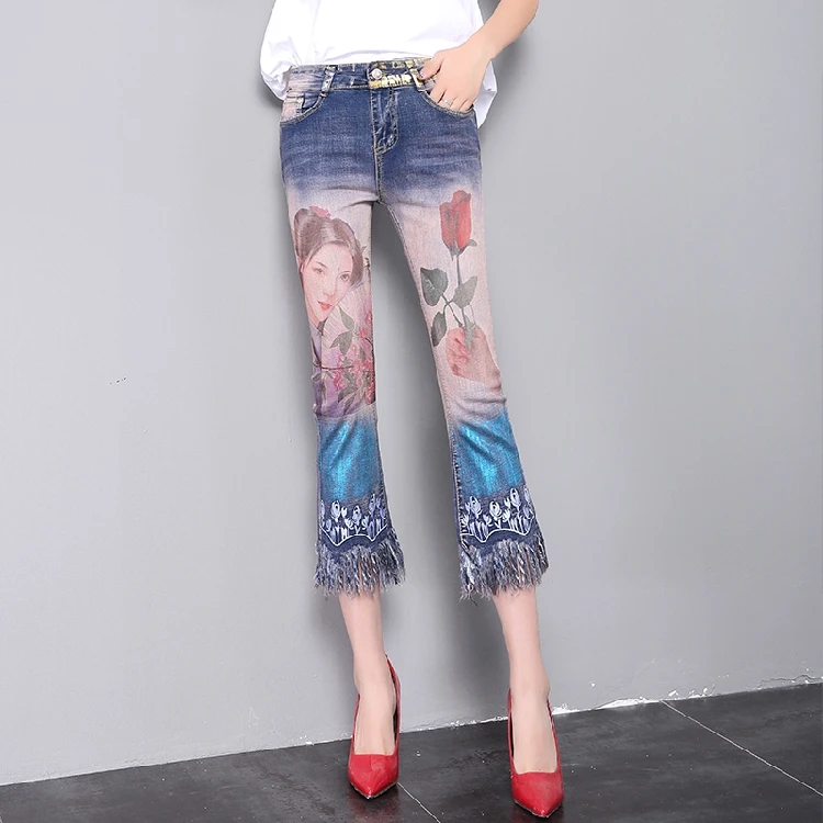 QA1204 Fashion painted tassel flare pants women high quality denim jeans mujer ankle length pantalon femme