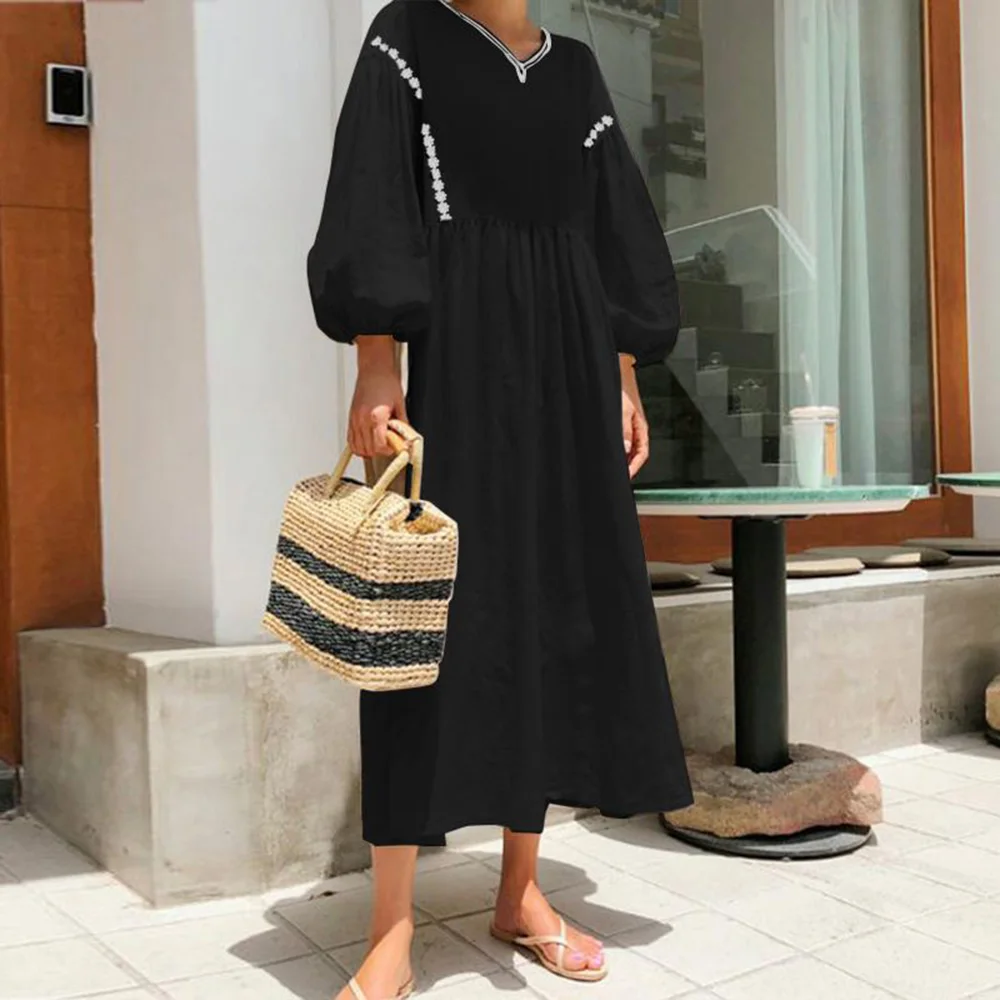

Simplicity Dress Autumn New Women's Casual Lantern Long Sleeve High Waist V-neck Black Dress Female Elegant Casual Dresses