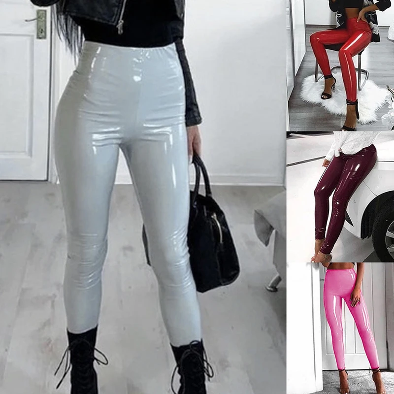 

Pure Color High Waist Skinny Stretch Leather Pants Women 2021 Fall Fashion Sexy Slim PU Leather Trousers