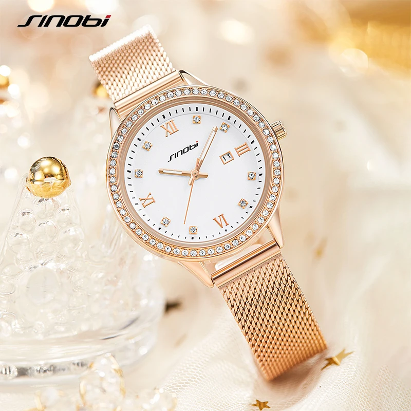 SINOBI Fashion Diamond Woman Watches Golden Women Quartz Wristwatches Elegent Ladies Calender Gift Box Clock Relogio Feminino enlarge
