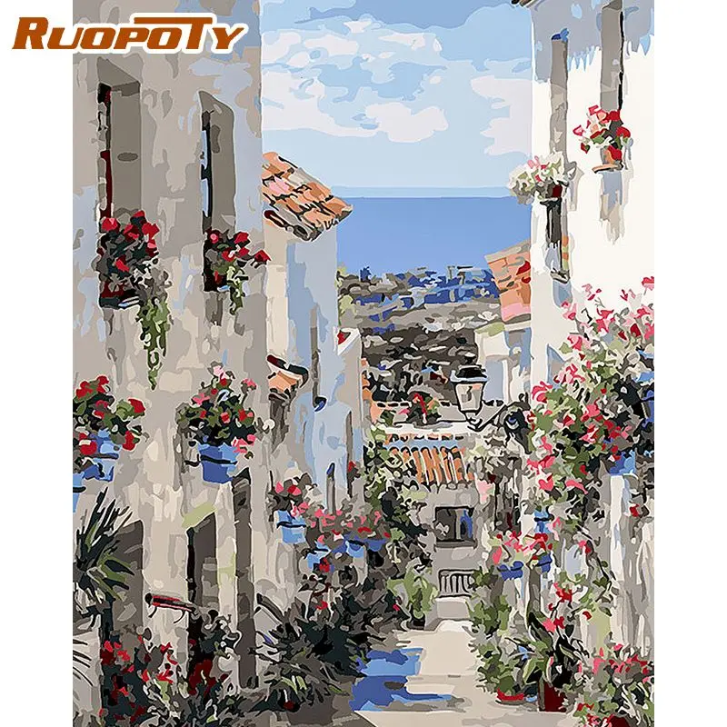 

RUOPOTY Painting By Numbers Kits For Adults Children HandPainted Diy Gift Europe Village Scenery Picture Number For Home Decors