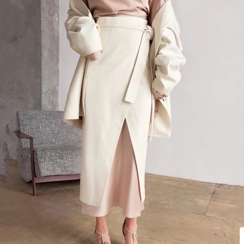 Sexy Elegant Split Hem Skirt Women Office Ladies Mid-culf Suede Long Skirt Women Autumn Winter Lace Up Bandage Skirts Khaki