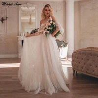 magic awn off the shoulder beach wedding dresses polka dots tulle short sleeves sweetheart wedding party gowns bohemian vestidos