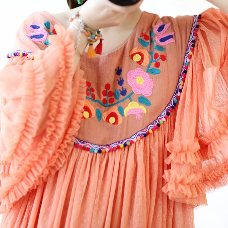 Women OriginalDesign Summer Blouses Lolita Sweet Cute Embroidery Flare Sleeve Oversized Casual Loose Mesh Chiffon Shirt
