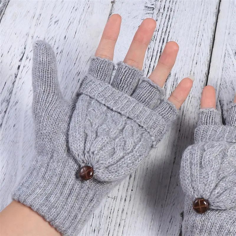 Women Winter Warm gloves Wool Knitted Convertible Fingerless Gloves With Mitten Cover (Grey) | Аксессуары для одежды