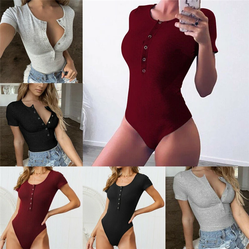 

Women Sexy Knitted Bodysuits Summer Stretchy Short Sleeve Slim Thong Bodysuit Jumpsuit Bodycon Women Leotard Body Top Clubwear