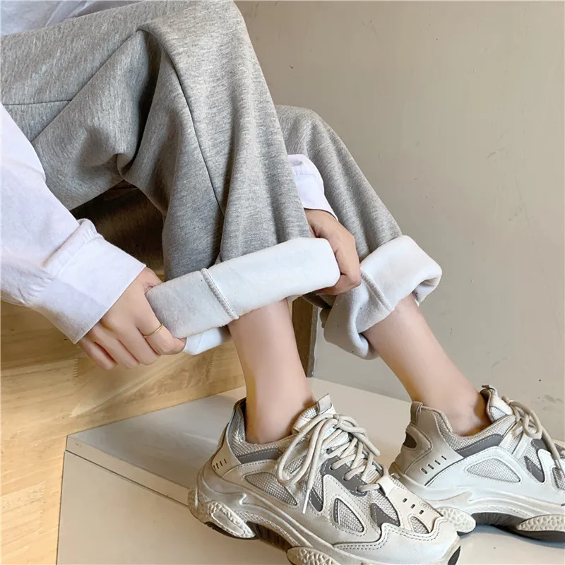 

Lucyever 2020 Winter Thicken Plush Sweatpants Women Gray Casual Baggy Pants Woman Wide Leg Sweat Streetwear High Waist Trousers