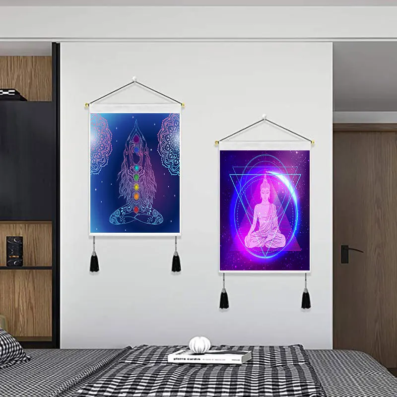 

Seven Chakra Meditatio for Canvas Painting with Frame Poster for Living Room Decoration Wall Art with Wood Hanging Scroll Tassel
