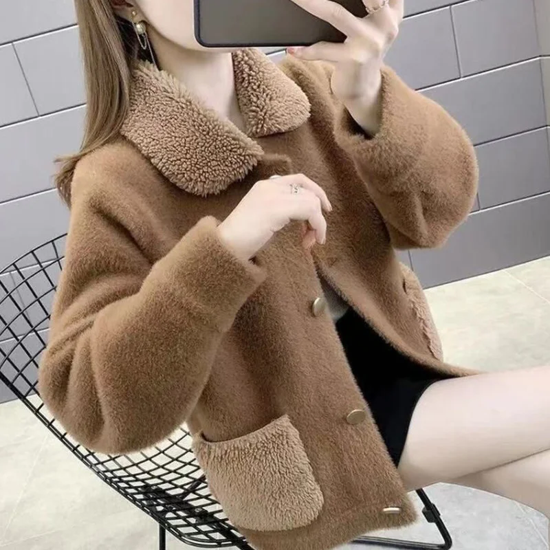 

Imitate Mink Cashmere Short Coat Women Autumn Winter Knitted Sweater Cardigan Jacket With Fur Collar Loose Outerwear Female