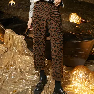 ELFSACKлеопардовые вельветовые Прямые повседневные женские брюки, осень 2020, винтажные женские широкие брюки с высокой талией в Корейском стиле