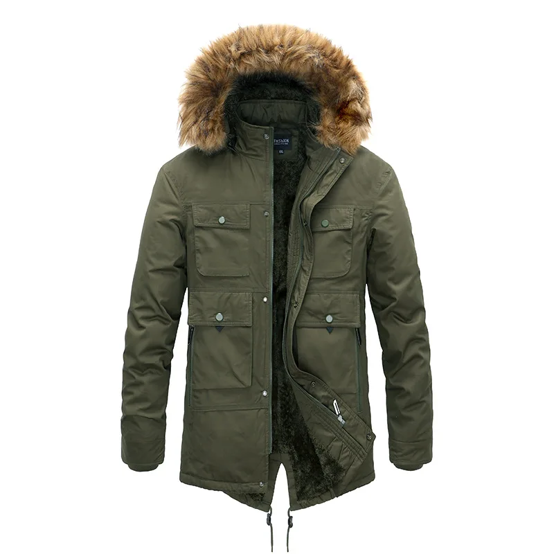 Men's Winter Parkas Fleece Thick Warm Jacket Fur Collar Long Hooded Coat Men Cargo Multi-Pocket Outdoor Windbreaker Outwear 4XL