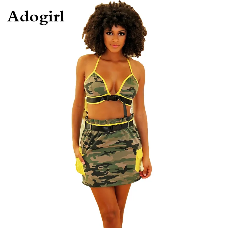 

Женский спортивный костюм из двух предметов Camouflag, топ на шнуровке с лямкой на шее и мини-юбка