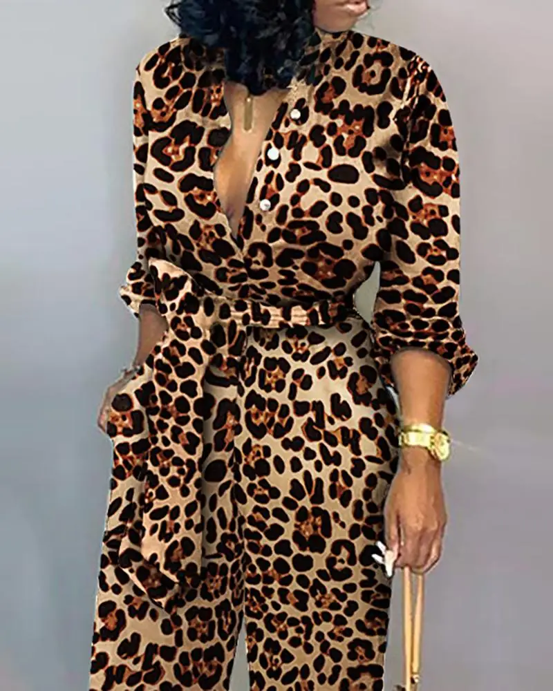 2021 Leopard Print Button Design Wide Leg Jumpsuit Long Sleeve Romper Sheer Mesh Glitter Ruched Wrap Jumpsuit