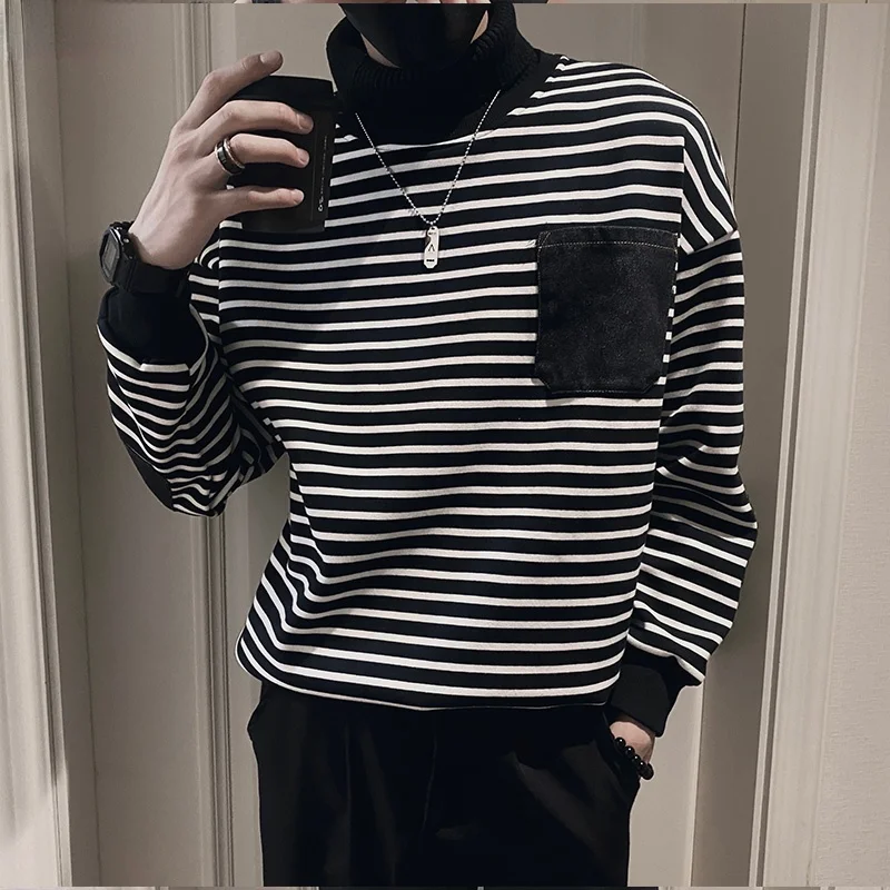 

2022 Spring Autumn Fashion Hoodie Men's Casual Turtleneck Striped Sweatshirt Men Streetwear Loose Hip-hop Pullover Hoodies K125