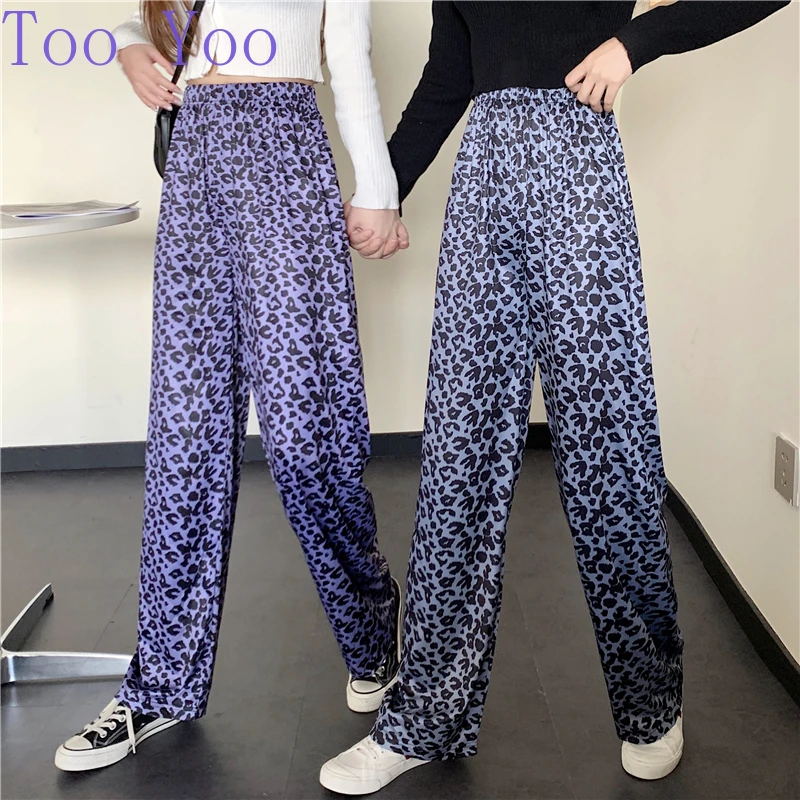 

Elastic High Waist Leopard All Match Loose Straight Women Long Wide Leg Pants women bottoms pants