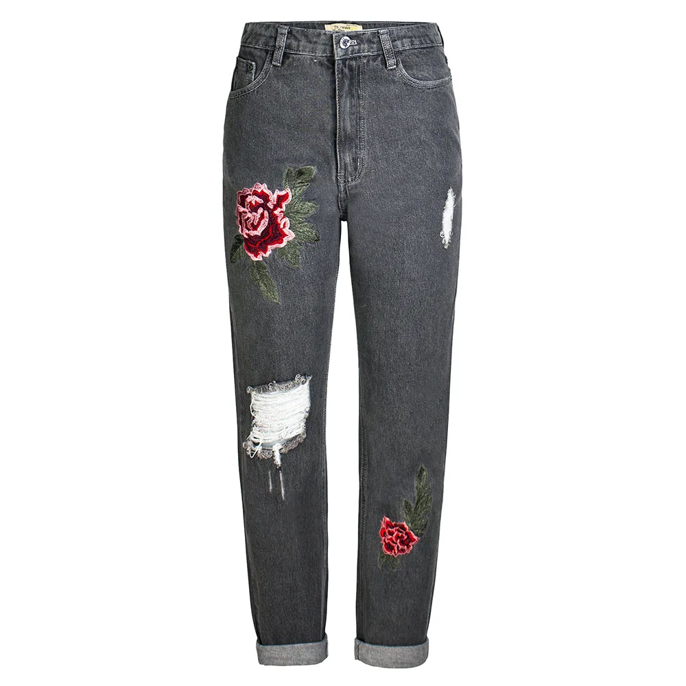 

[Huangao autumn and winter women's embroidered high waist straight jeans Street BF wind hole jeans]