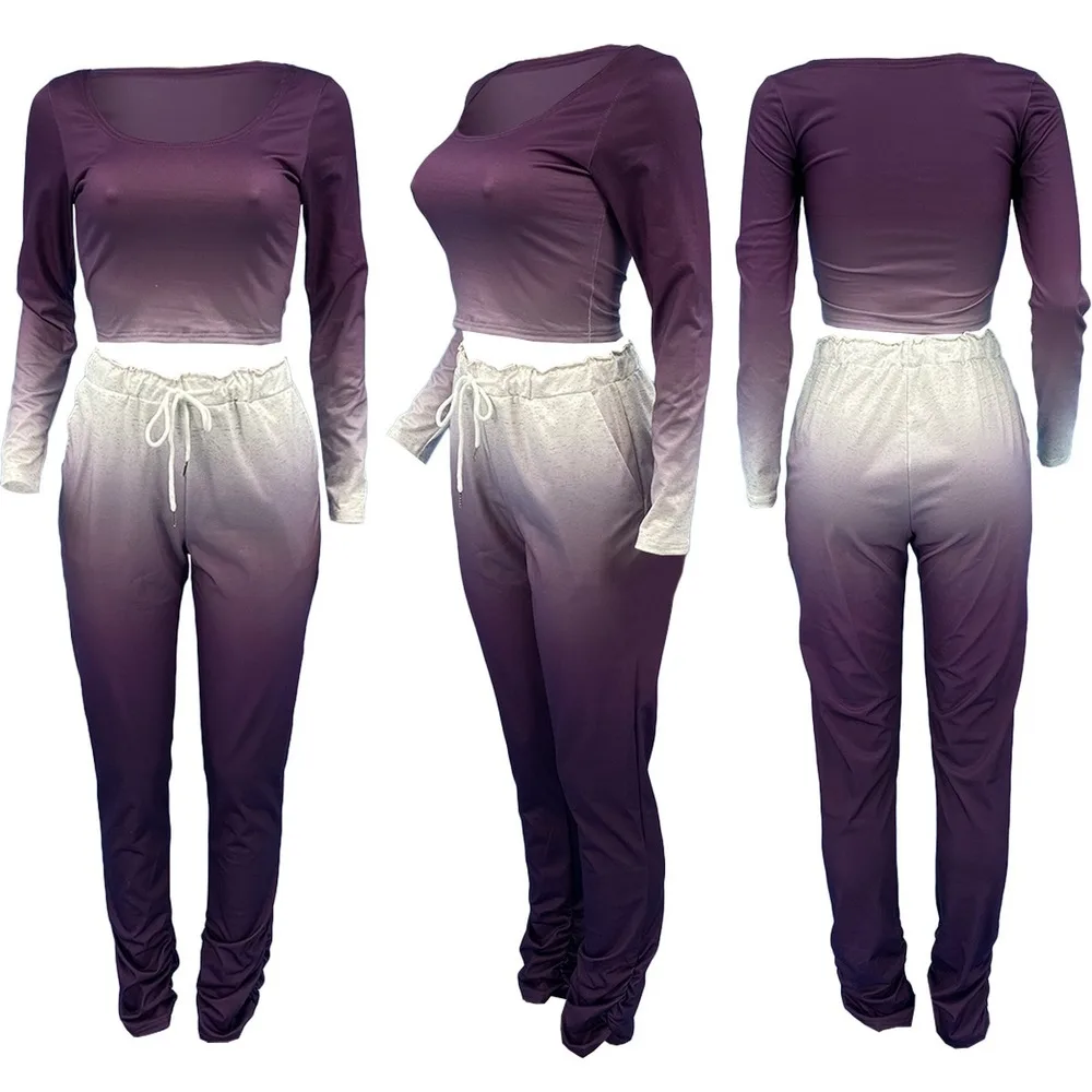 

Gradient Stacked Pants Two Pcs Set Long Sleeve O Neck T-shirt And Drawstring Trousers Women Clothing Matching Sets Fall Outfit