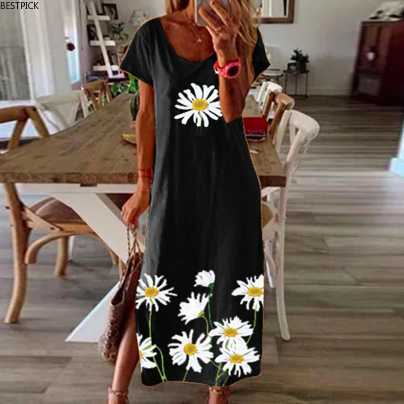 

Women Vintage Butterfly Daisy Print Summer Dress Elegant O Neck Short Sleeve Party Dress Ladies Fashion Slit Long Dress Vestidos