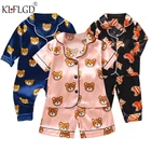 Атласные топы и штаны с мультяшным принтом для мальчиков и девочек, домашняя одежда, детский пижамный комплект, Детский костюм, детская одежда для малышей