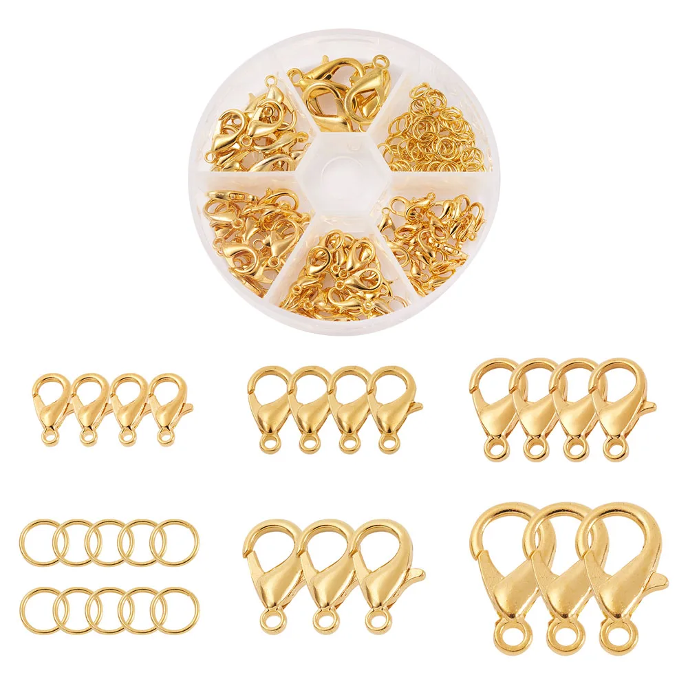 

1 Box Alloy Lobster Claw Clasps and Jump Rings Set Golden Platinum Clasps: 10~20.5x6~13x3.5~5.5mm, Hole: 1~2mm, Jumprings:6x1mm