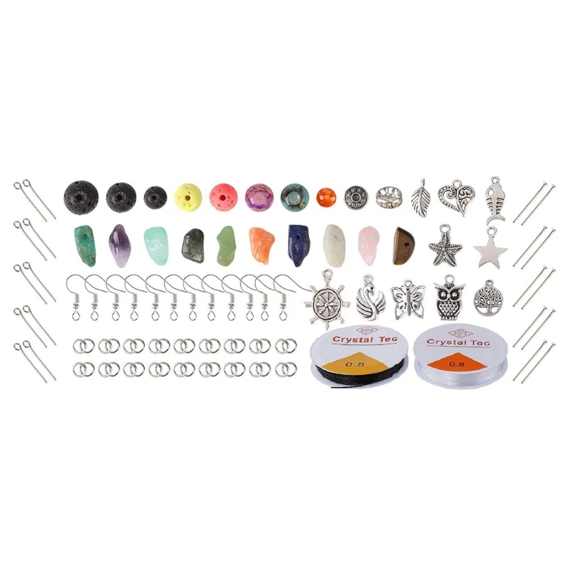 

P9YF 1 Set Natural Irregular Gemstones Beads Kit with Spacer Beads Jump Rings Ear Hooks Charms Pendants for DIY Jewelry Making