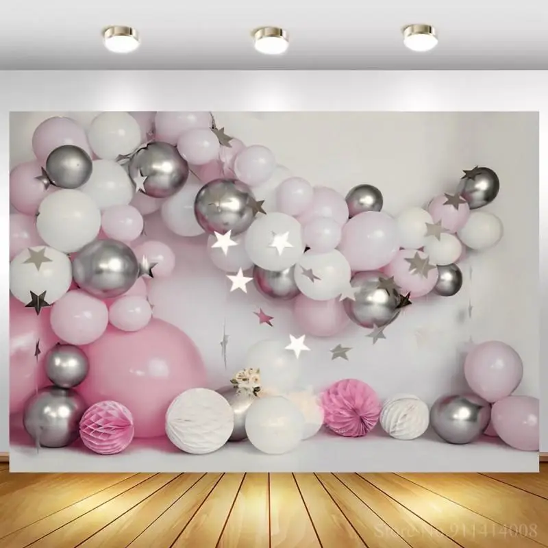 

Фон для фотосъемки с изображением розовых голубых воздушных шаров для студийной фотосъемки с изображением серебряной звезды для новорожде...