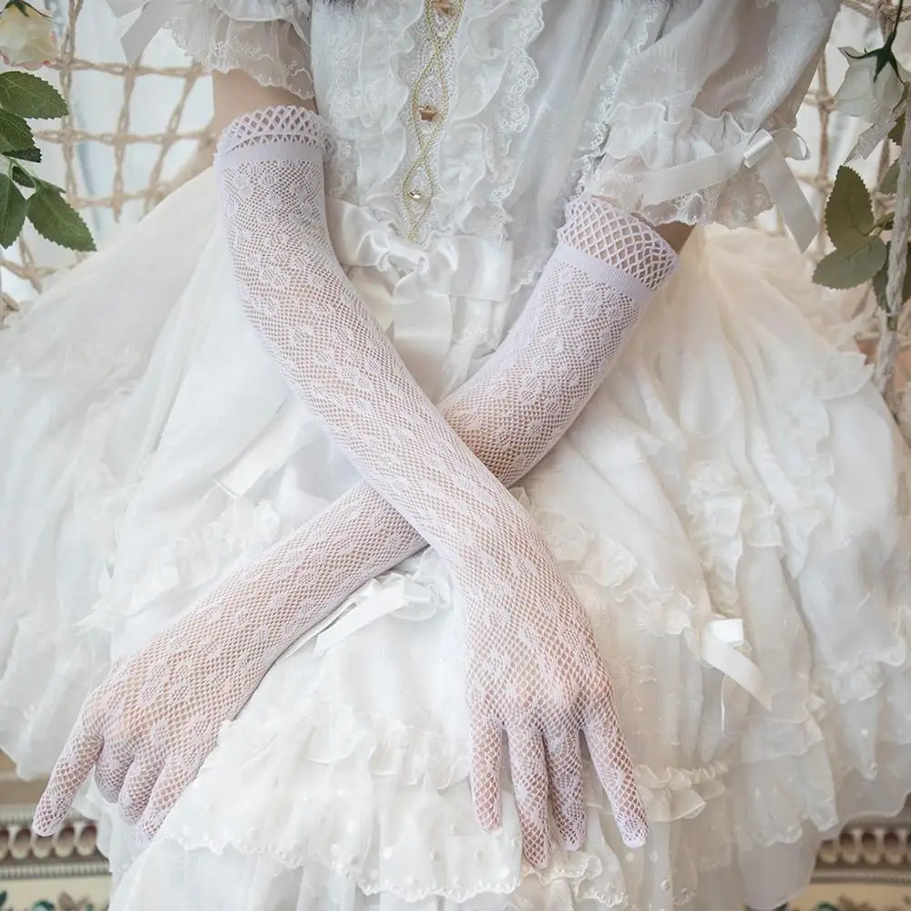 

Thin Sweet Sun Protection Bridal Black Nylon Dots Lolita Long Gloves Hand Sleeve Lace Mittens