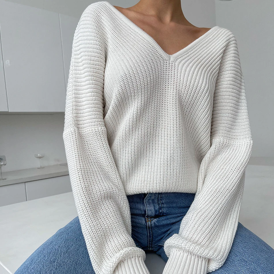 

Свитер женский трикотажный с V-образным вырезом и длинным рукавом