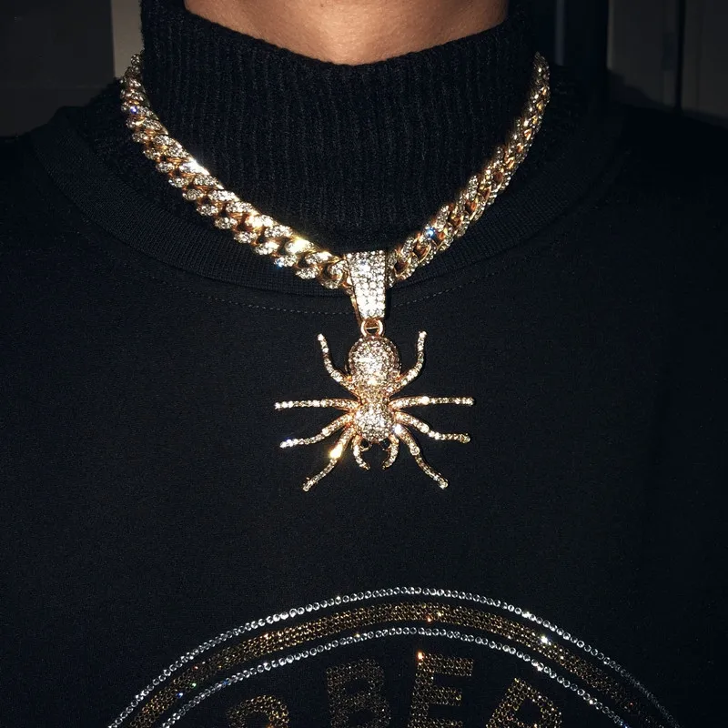 

Ice Out Cubic Zircon Big Spider Pendant Necklace Men'S Hip Hop Jewelry With Full Rhinestone Miami Cuban Link Chain