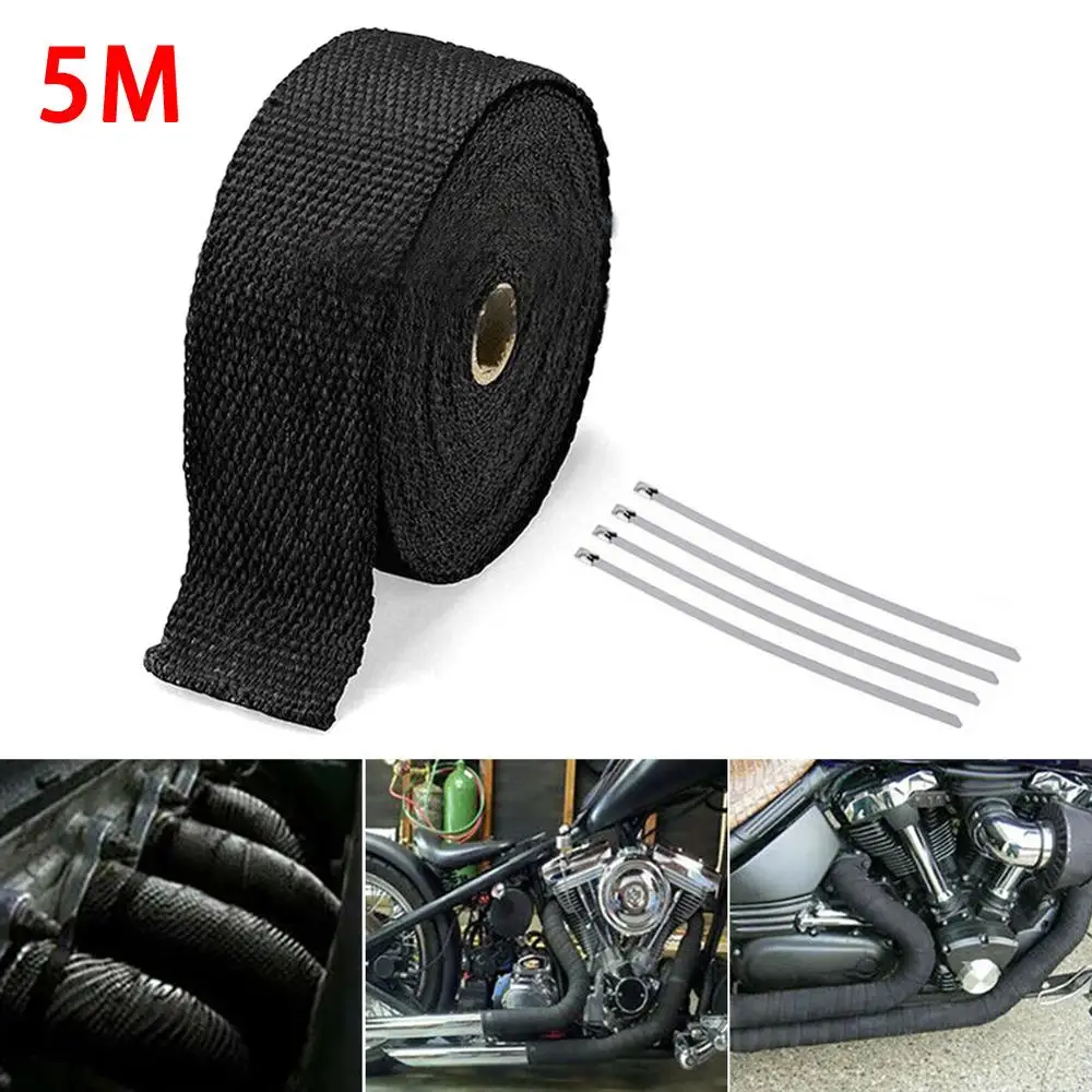 

5M Roll Fiberglass Heat Shield Motorcycle Exhaust Header Pipe Heat Wrap Tape Thermal Protection+ 4 Ties Kit Exhaust Pipe Insulat