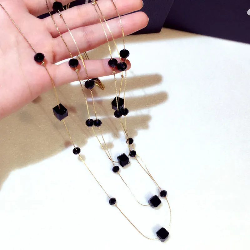 

Luxury black crystal pearl sweater chain necklace woman wedding party pearl long necklace accessories