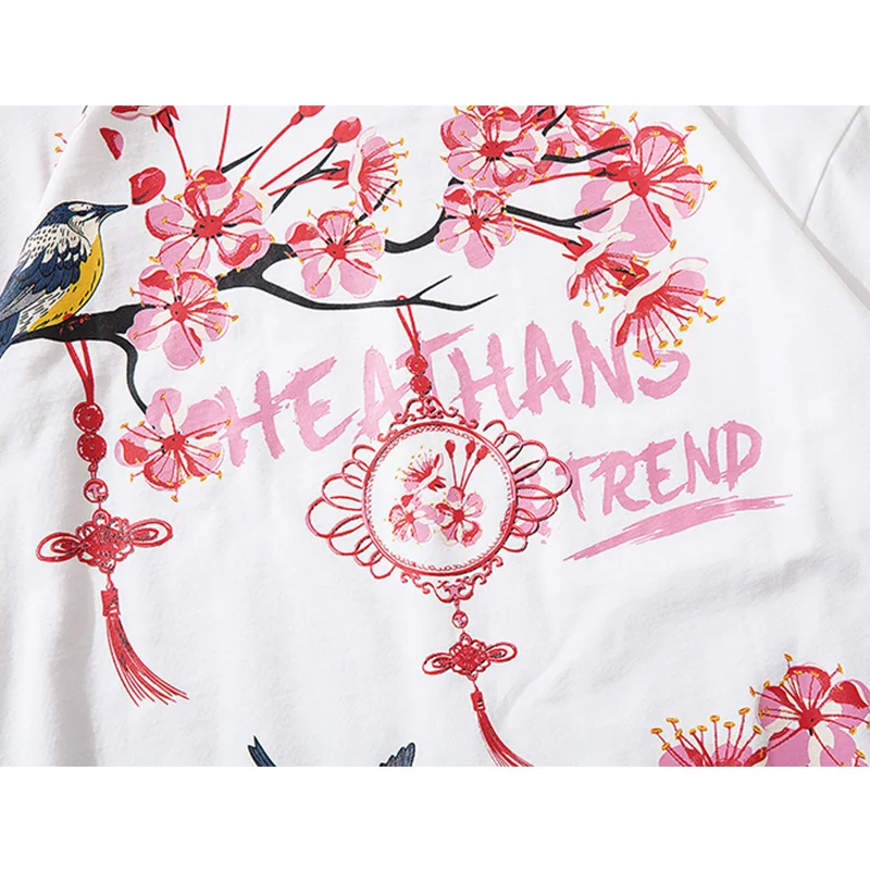 

JING ZHE Birds Cherry Blossoms Print Tshirts Men Japanese Casual Short Sleeve Cotton Top Tees Shirts Harajuku Hip Hop Streetwear