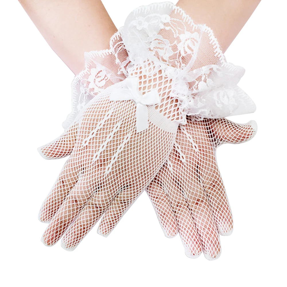 

1pair Women Courtesy Full Finger Driving Short Party High Elasticity Lace Gloves For Wedding Knitted Net Outdoor Protection
