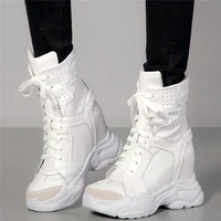 casual shoes women lace up genuine leather high heel platform pumps shoes female breathable high top round toe fashion sneakers