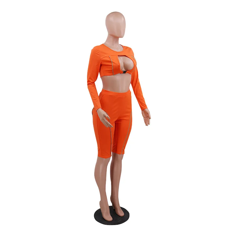 Stylish sexy hollowed-out two-piece outfit splicing round neck long sleeve waist suit and shorts new casual women's | Женская одежда