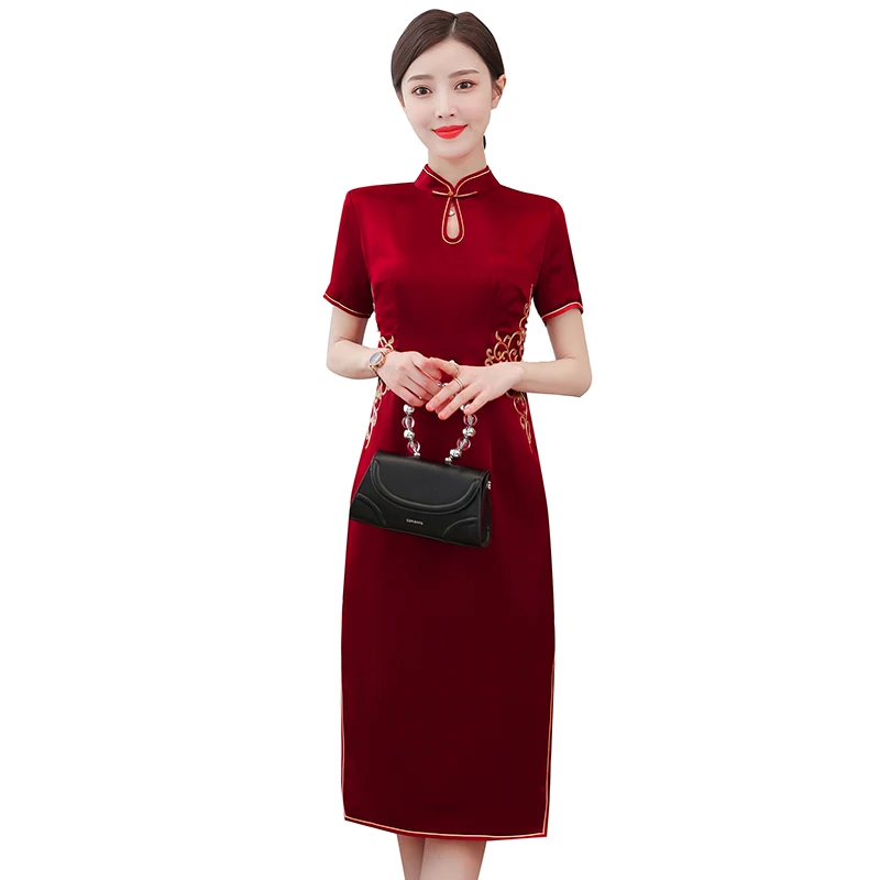 

COIGARSAM Women Dress Spring New Casual Cheongsam Plaid Short Sleeve V-Neck Wine Red Dresses Traf Vestidos Robe