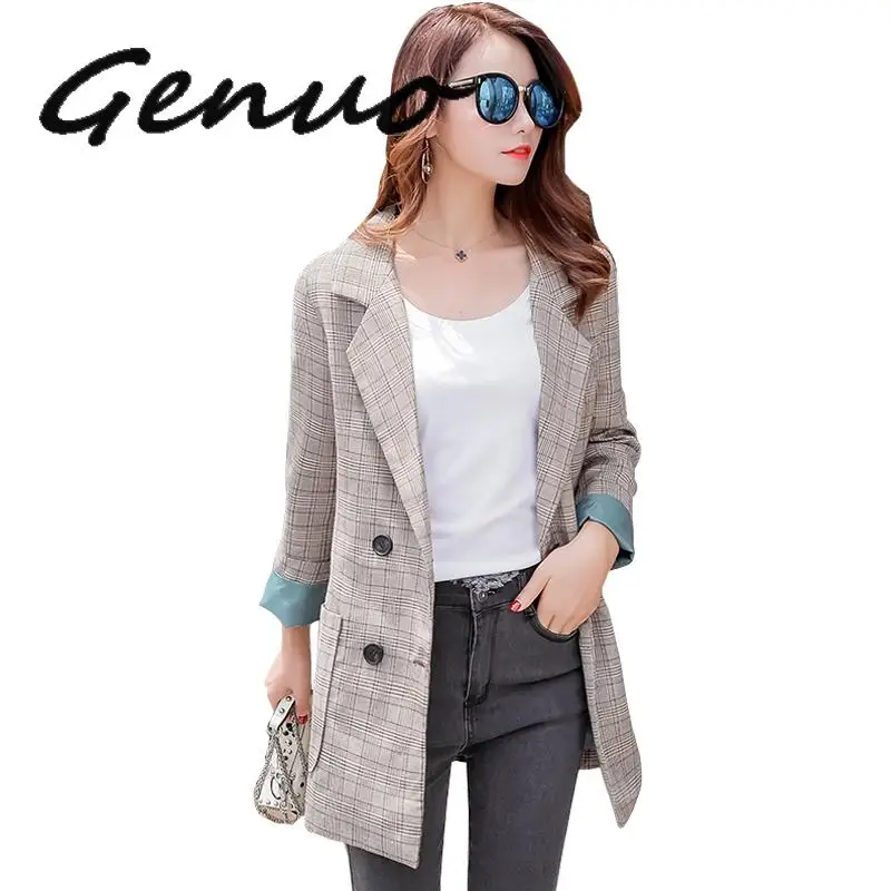 Женский блейзер в клетку двубортный Длинный повседневная офисная одежда верхняя