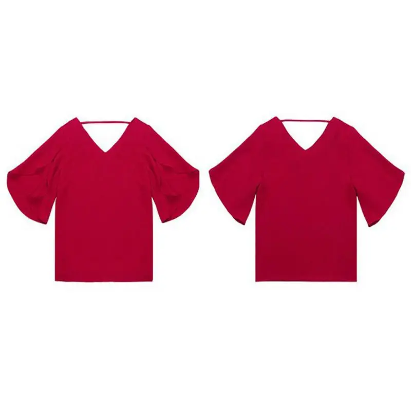 

3 Colors Lotus Leaf Wild Chiffon Women's Shirt Summer Short Sleeve Sexy V-neck Loose Blouse YO