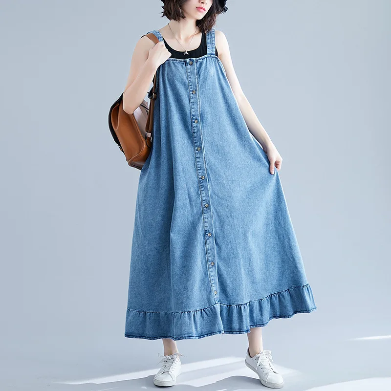 Suspenders Jean Dresses Ladies Loose Maxi Denim Dress Plus Size flare overall dress Baggy Cowboy Vintage Button Female Vestidos | Женская