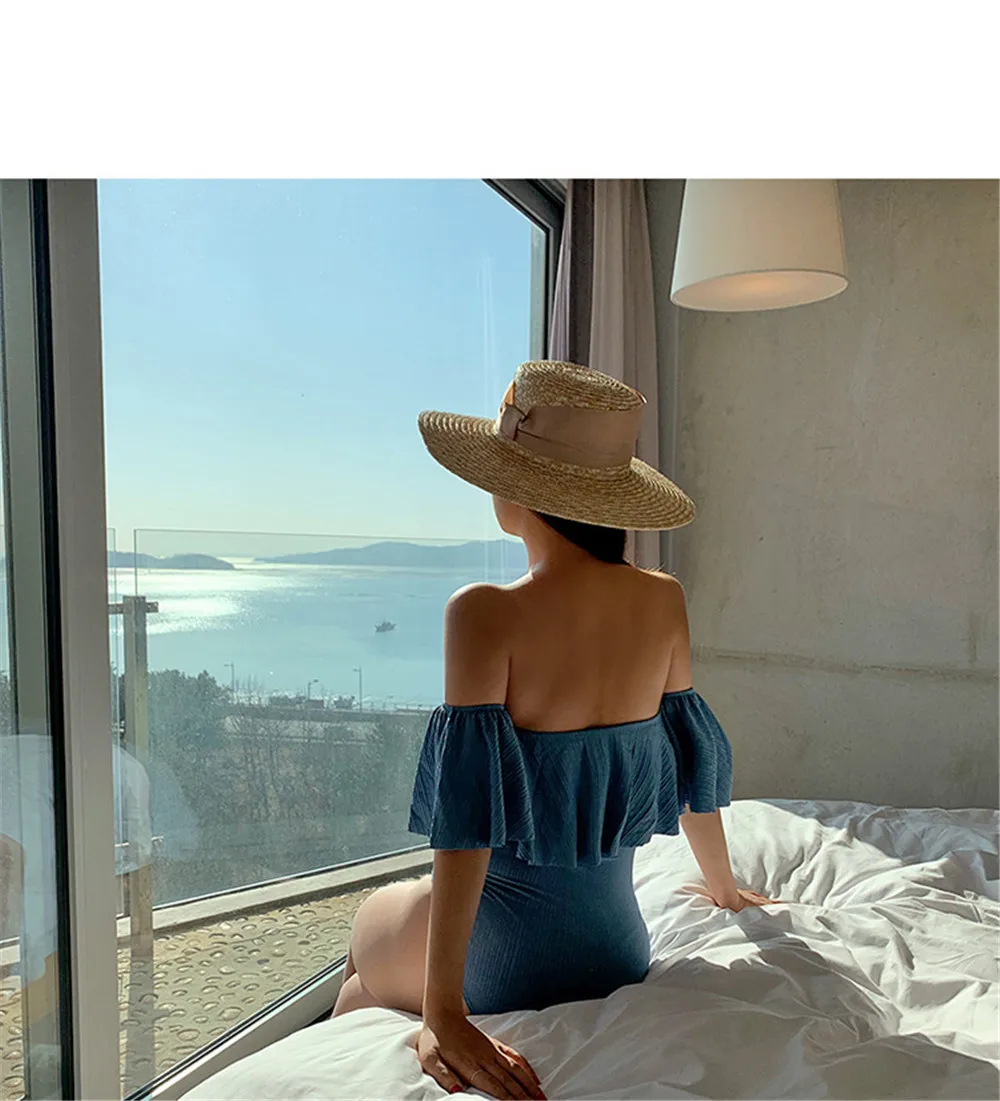 Сексуальный цельный купальник с открытыми плечами Женский однотонный черный