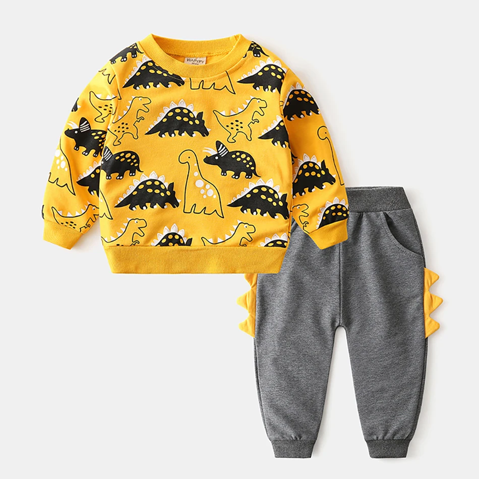 Infants Kids Sports Cute Cartoon Dinosaur Outfit Top+Pants 2 Piece Suit Boys Tracksuit Toddler Girl Clothes Autumn Set