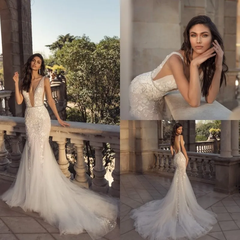 

2023 New Mermaid Wedding Dresses Sexy Deep V Neck Lace Appliques Bridal Gowns Custom Made Backless Sweep Train Vestidos De Novia