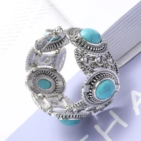 ethnic style boho antique bangle bracelet for women blue natural stone wide band cuff bracelet vintage tibetan jewelry