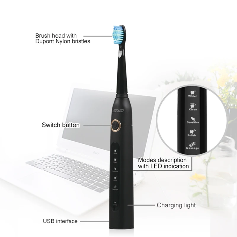 Звуковая электрическая зубная щетка 3 сменные насадки для взрослых USB