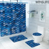 Blue Squama Shower Curtain Set with Rug Bath Mat Bathroom Waterproof Curtains Non Slip Carpet Durable Toilet Cover Bathtub Decor