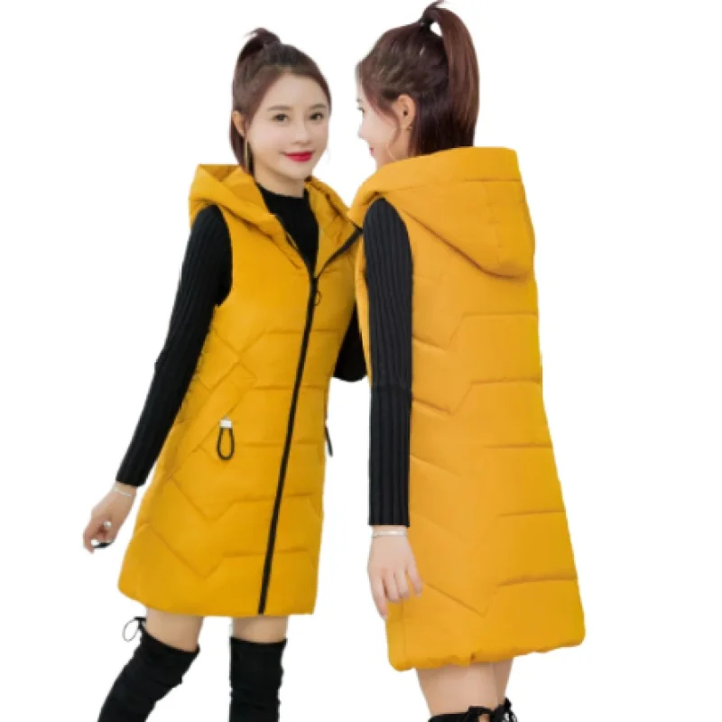 

Beardon New Women's Winter Jacket Black Pockets Zipper Hooded Sleeveless Vest Casual Cotton Long Coat